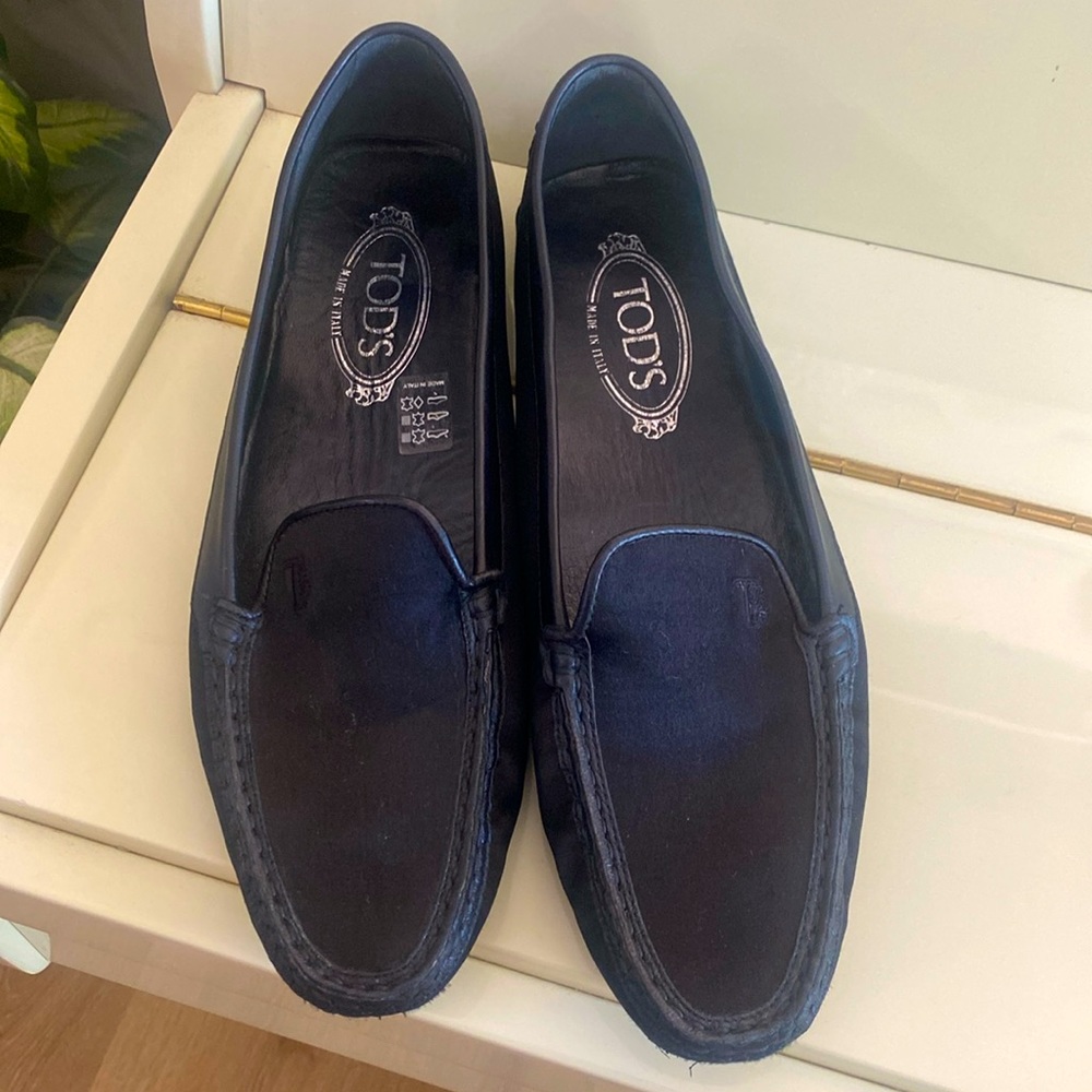 Tod’s satin/leather black loafers; for  narrow feet;really love them, like new.